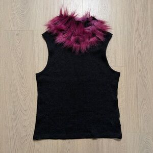 Parasuco Acrylic Wool Sleeveless Faux Fur Collar Knit Top Womens Medium Gray Y2K